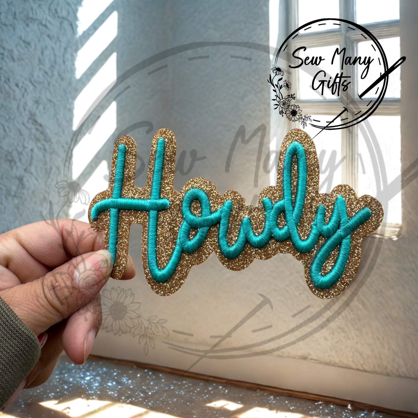 Turquoise Howdy Glitter Patch Puff Embroidery